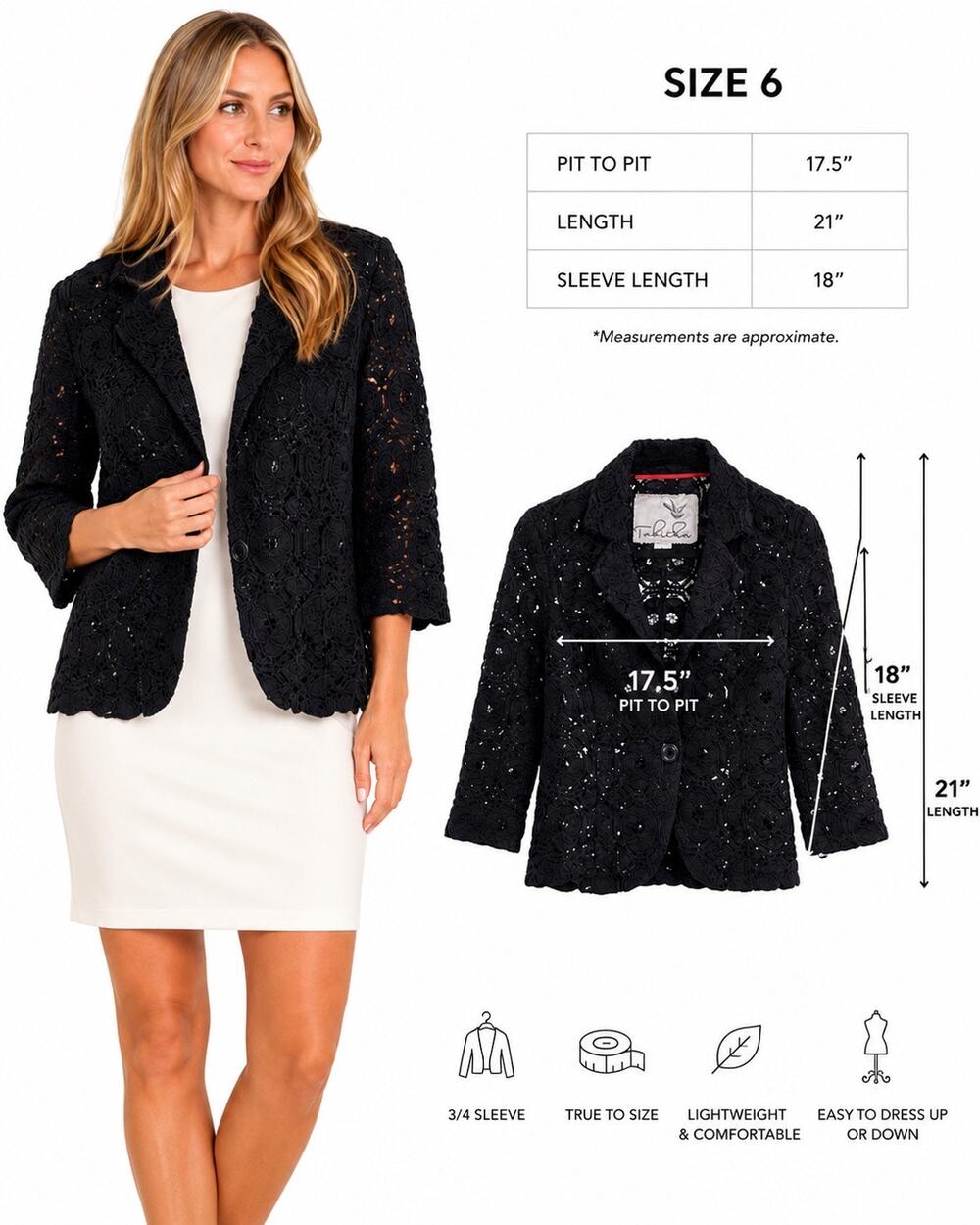 Tabitha Anthropologie Navy Lace Blazer 3/4 Sleeve Women Size 6 Cottage Academia